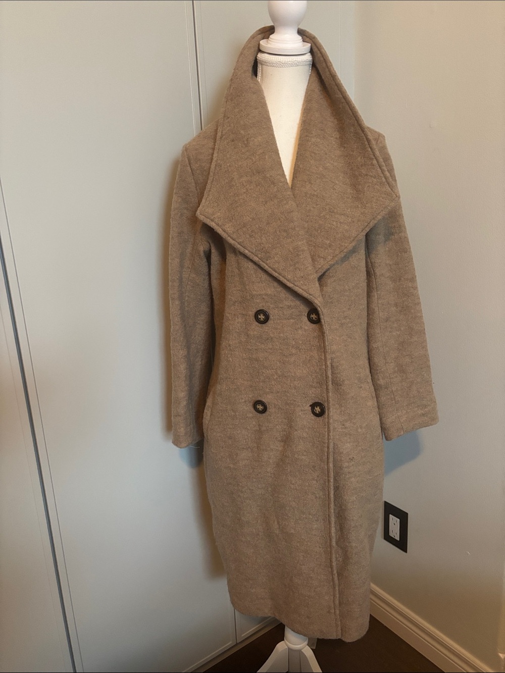 Womens Long Wool Double-Breasted Teddy Coat - Taupe